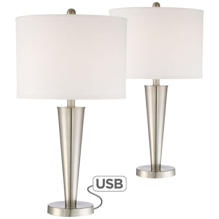 360 Lighting Modern Table Lamps Set Of 2 With Hotel Style Usb Charging Port Brushed Steel White Drum Shade For Living Room Family Bedroom