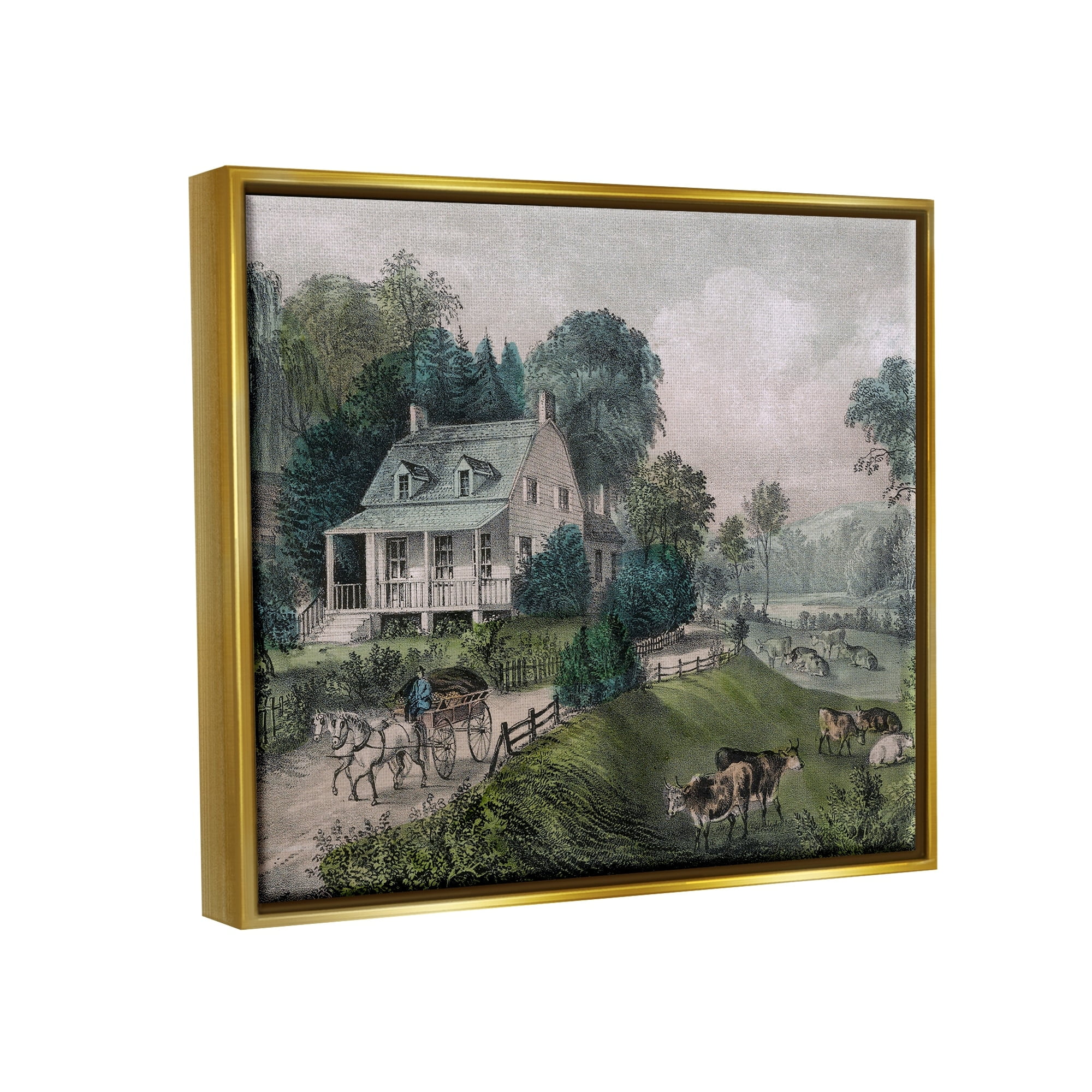 Stupell Industries Classic Countryside House Painting Roaming Farm Animals Painting Metallic Gold Floating Framed Canvas Print Wall Art, Design by Daphne Polselli