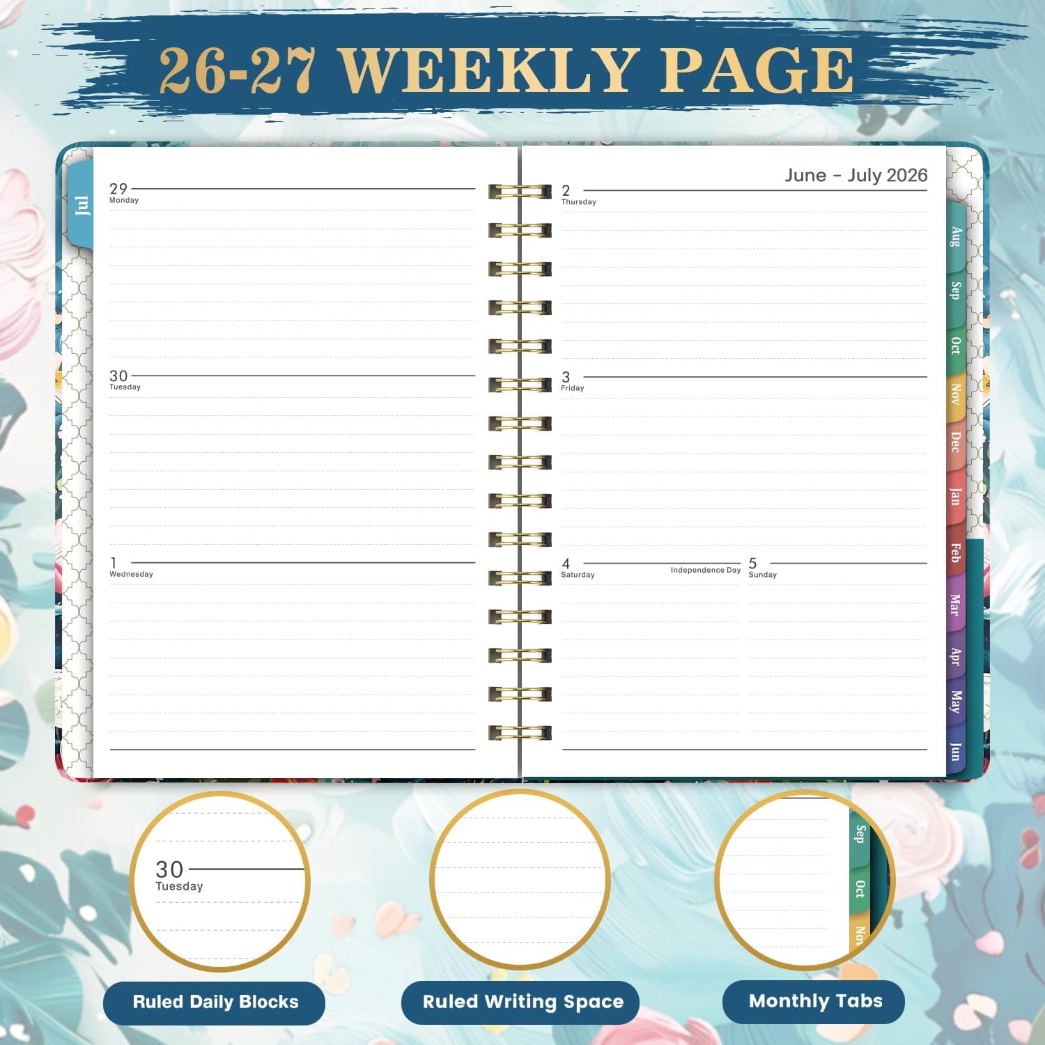 2026-2027 Planner - July 2026 - June 2027, Weekly Monthly Planner 2026-2027 with Colorful Tabs, 6.3" x 8.4", Floral, Twin-Wire Binding