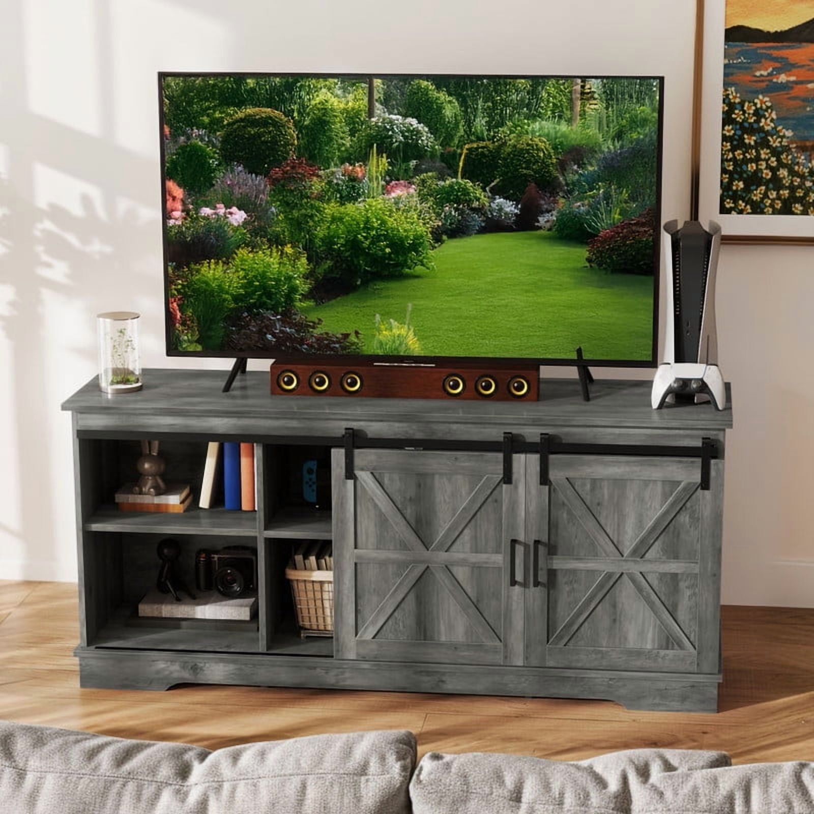 Uforic Farmhouse TV Stand for 65-Inch TV, Entertainment Center with Sliding Barn Door,Media Console for Living Room,Grey