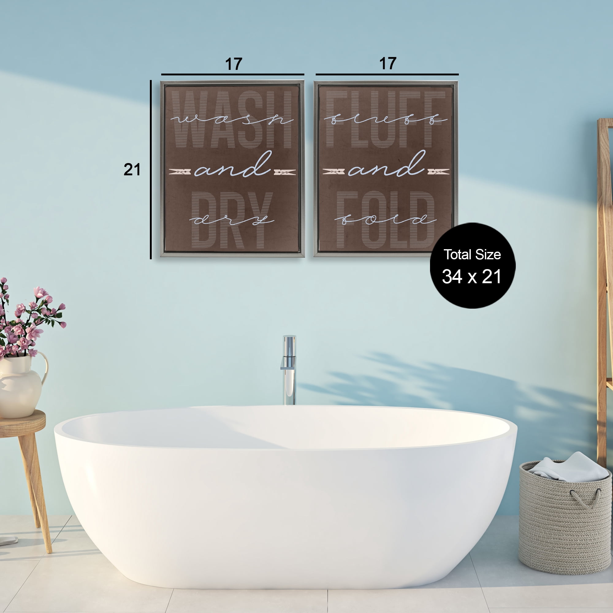 Laundry Words in Brown 2 Piece Gray Framed Floater Canvas Set, design by Marcus Prime