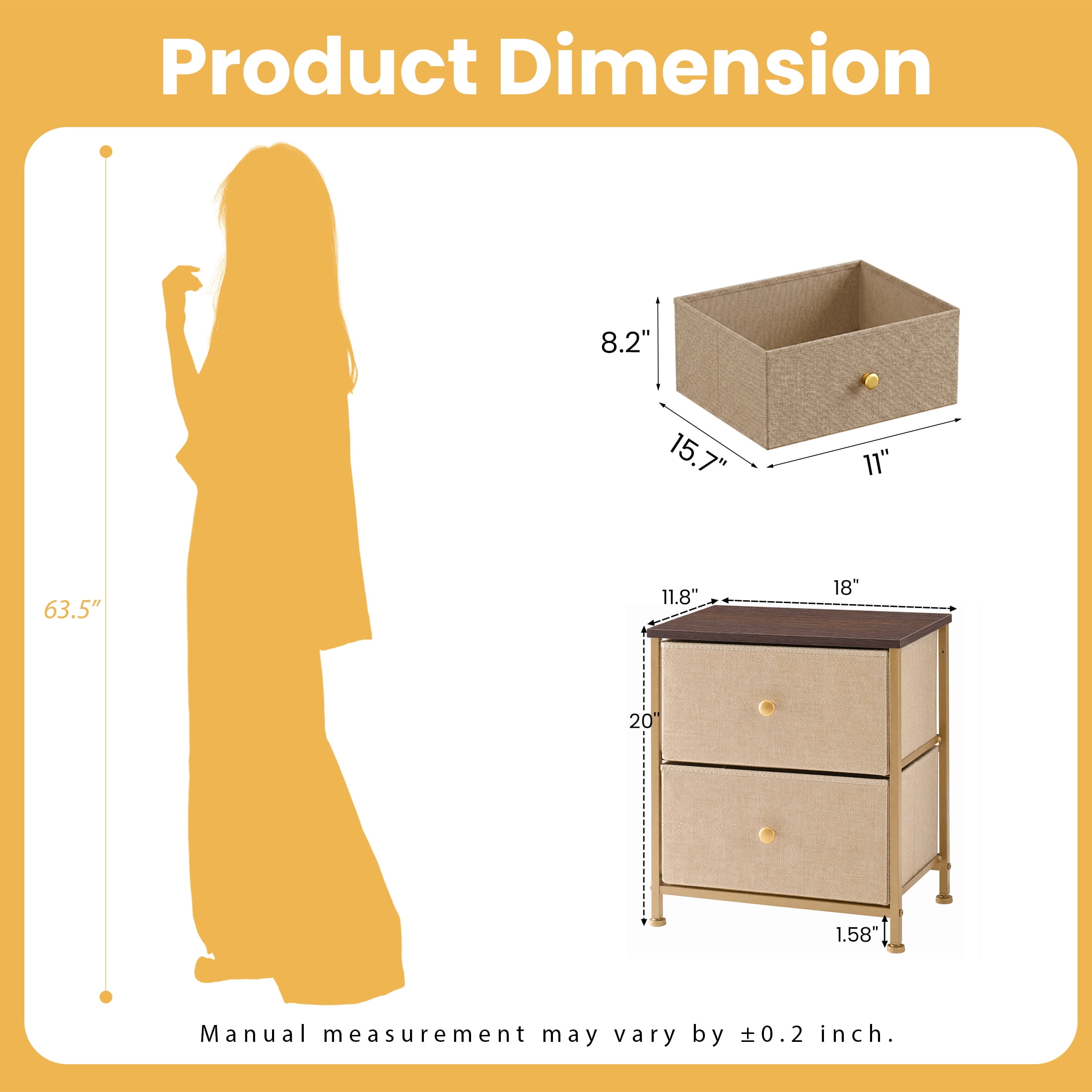 Double Drawer Bedside Table for Bedroom Living Room Storage