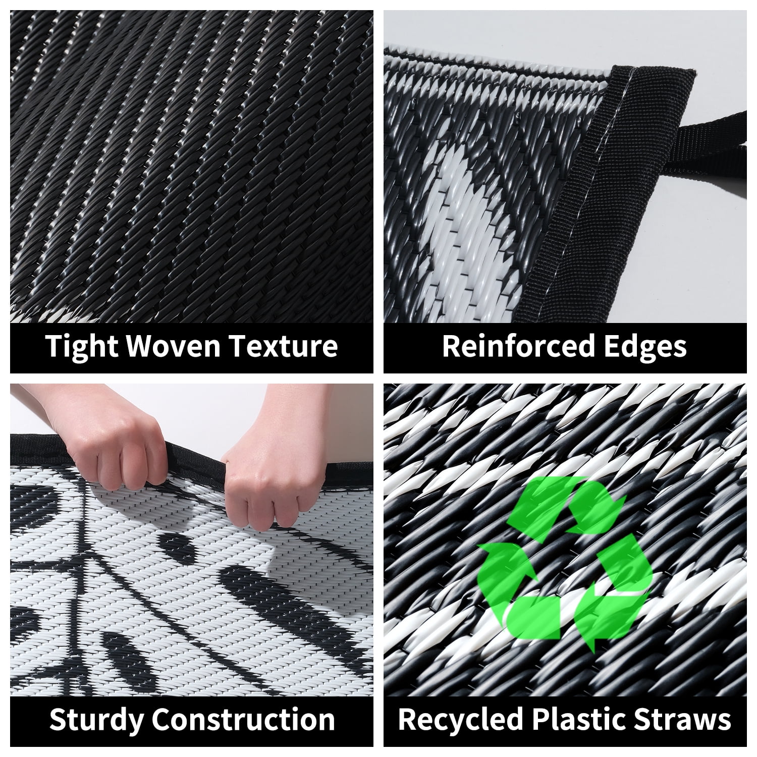 SIXHOME 9x12 Feet Waterproof Outdoor Rug with Led Light Strips, Reversible Black Plastic Patio Mat with Straw Texture Tropical Palm Leaf, Non-Slip Carpet for Camping, RV, Balcony, Porch, Picnic