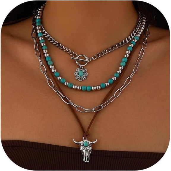 Western Necklaces Boho Layered Charm Necklace for Women Turquoise Beaded Choker Ox-head Pendant Necklace Western Jewelry for Women Cowgirl Accessories