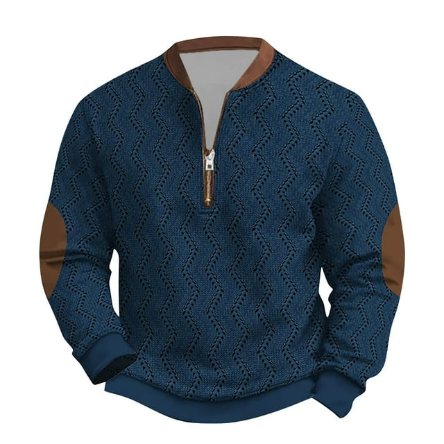 Tricot pour Hommes à Fermeture Éclair Manches Longues Imprimé Sans Col Chandail en Molleton Décontracté