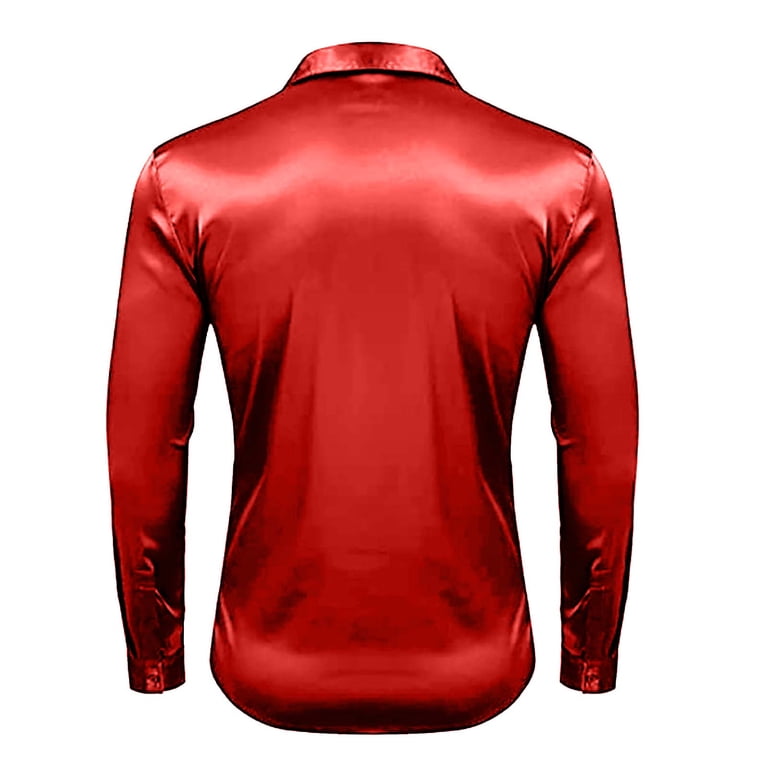 qILAKOG Men's Luxury Shiny Silk Like Satin Dress Shirt Long Sleeve Casual Slim Fit Muscle Button Up Shirts Red XL