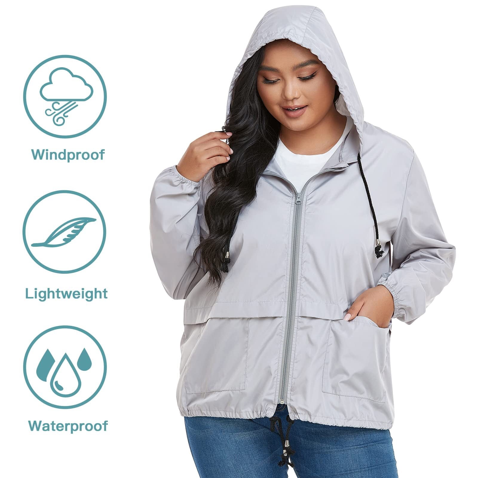 American Trends Plus Size Rain Jacket for Women Raincoat Waterproof with Hood Rain Coats for Women Lightweight Black 3XL