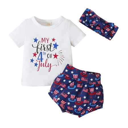 

HIBRO Boys Girls Short Sleeve Independence Day 4 Of July Letter Printed Tops T Shirt Shorts Headbands Outfits Cute Top Kid Baby Girl Pants Outfits