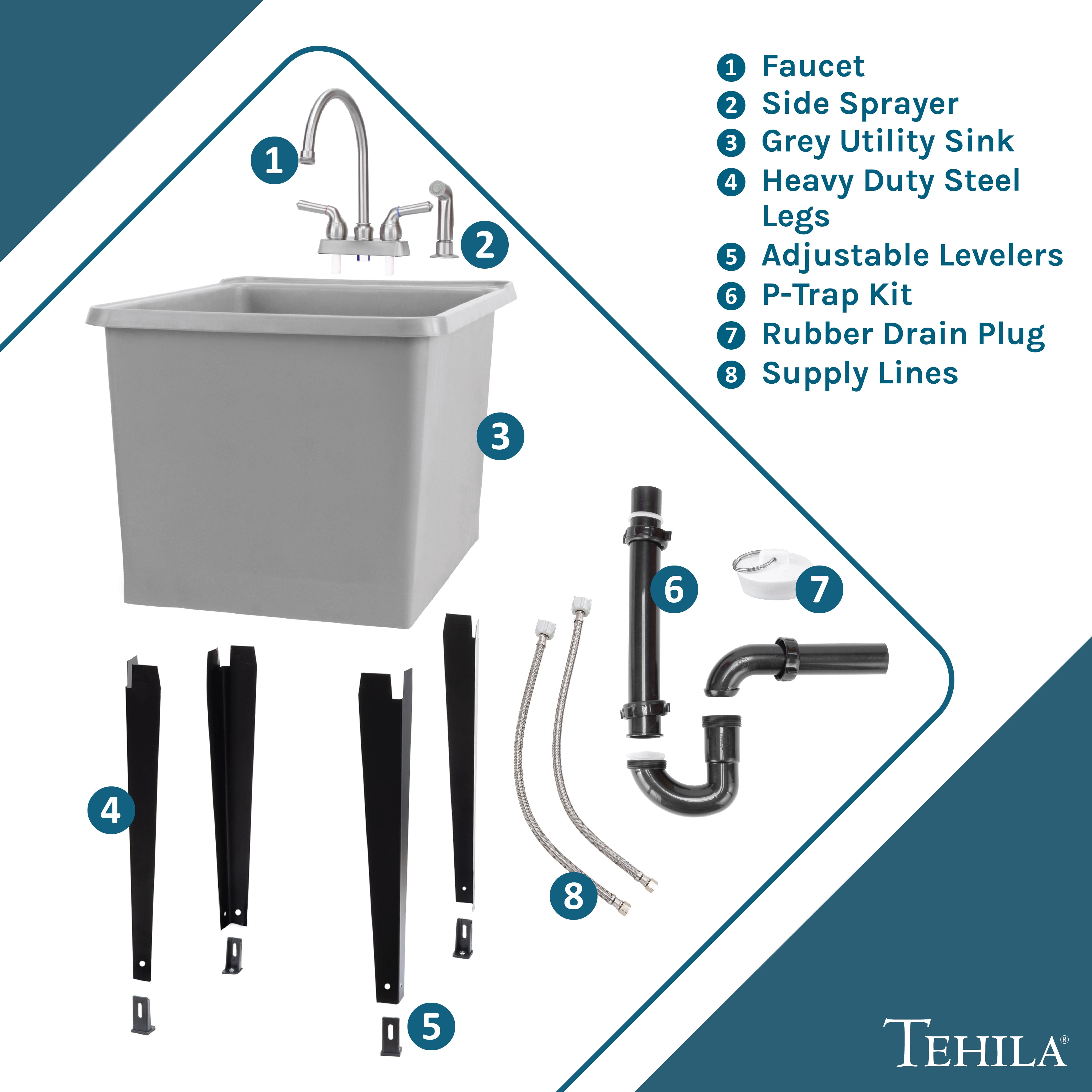 TEHILA Space Saver 16 Gallon Grey Utility Sink with Stainless Finish Faucet & Side-Sprayer