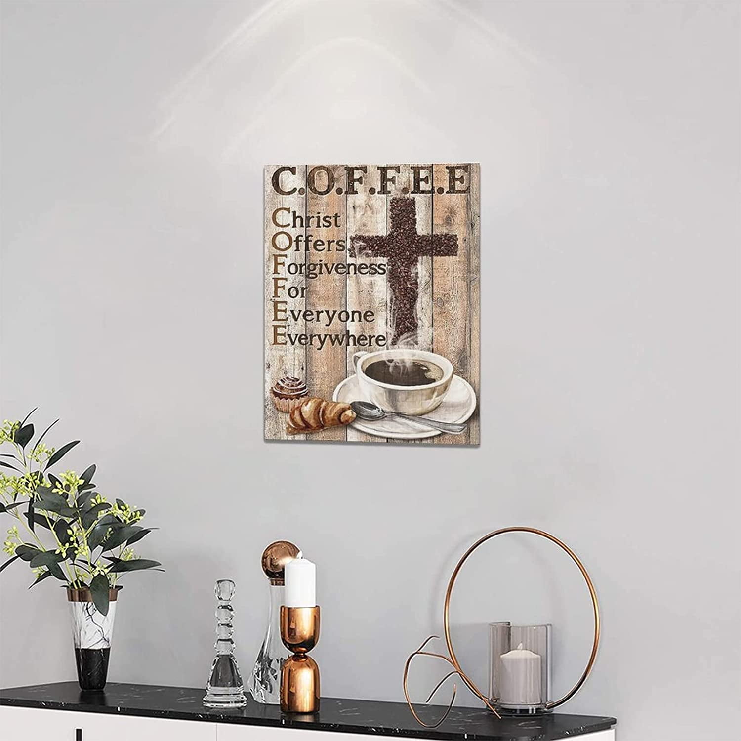 Christian Coffee Wall Art Coffee Bean Cross Pictures Wall Decor Rustic Kitchen Christ Coffee Painting Canvas Prints Inspirational Framed Modern Artwork Home Kitchen Dining Room Cafe Decor 12"x16"