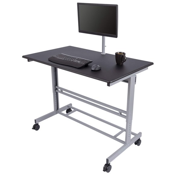 Stand Up Desk Store Rolling Adjustable Height Mobile Standing Desk with Monitor Mount (Silver Frame/Matte Black Top, 48" Wide)