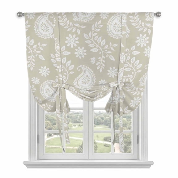 Yellow Paisley Tie Up Curtains for Windows, Adjustable Balloon Window Shades, Ethnic Vintage Floral Botanical Abstract Kitchen Window Treatments Farmhouse Short Curtains with Rod Pocket 42"x45"