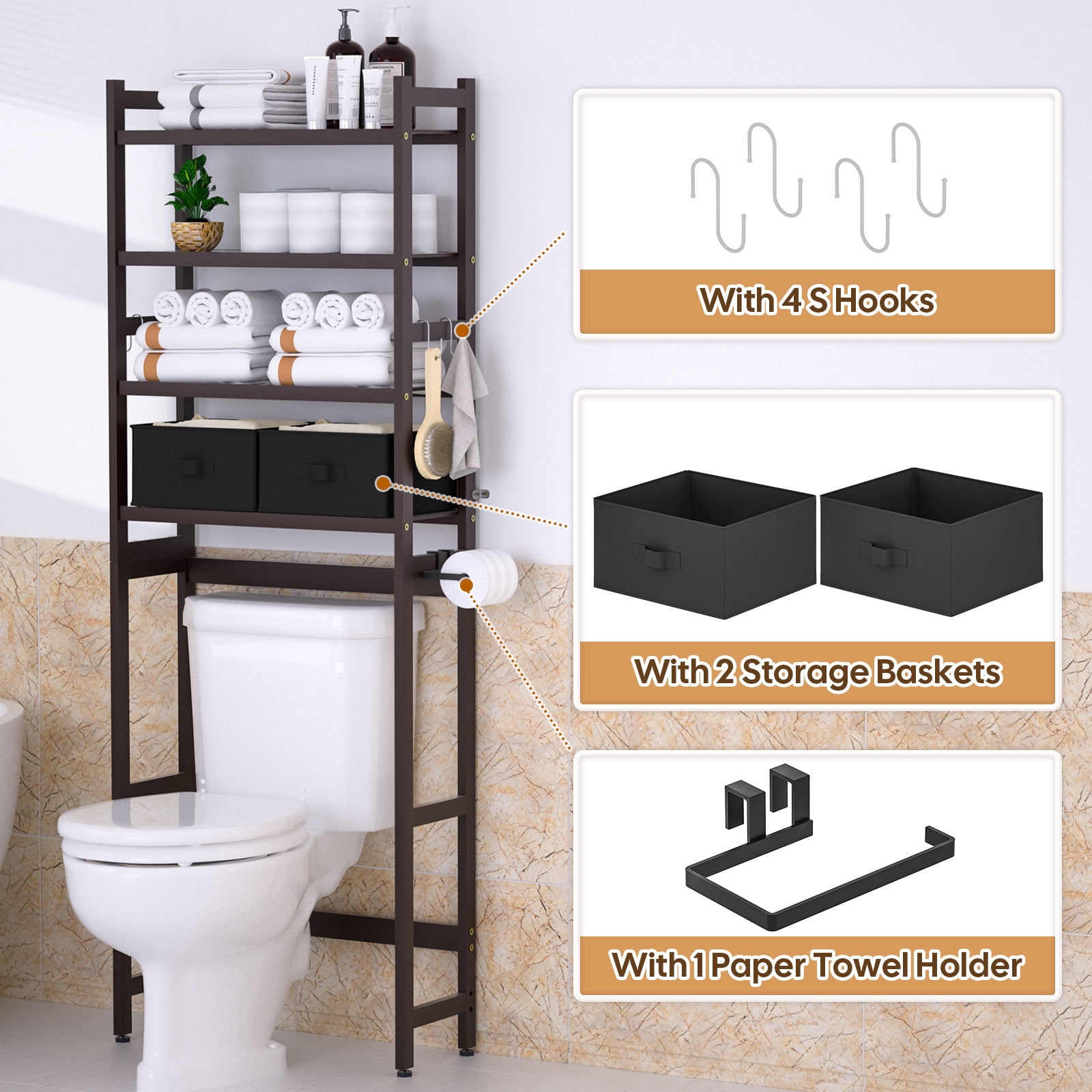 Enogets Over the Toilet Storage, Bamboo Bathroom Shelf Organizer with 2 Baskets & 4 Hooks, 4-Tier Space Saver