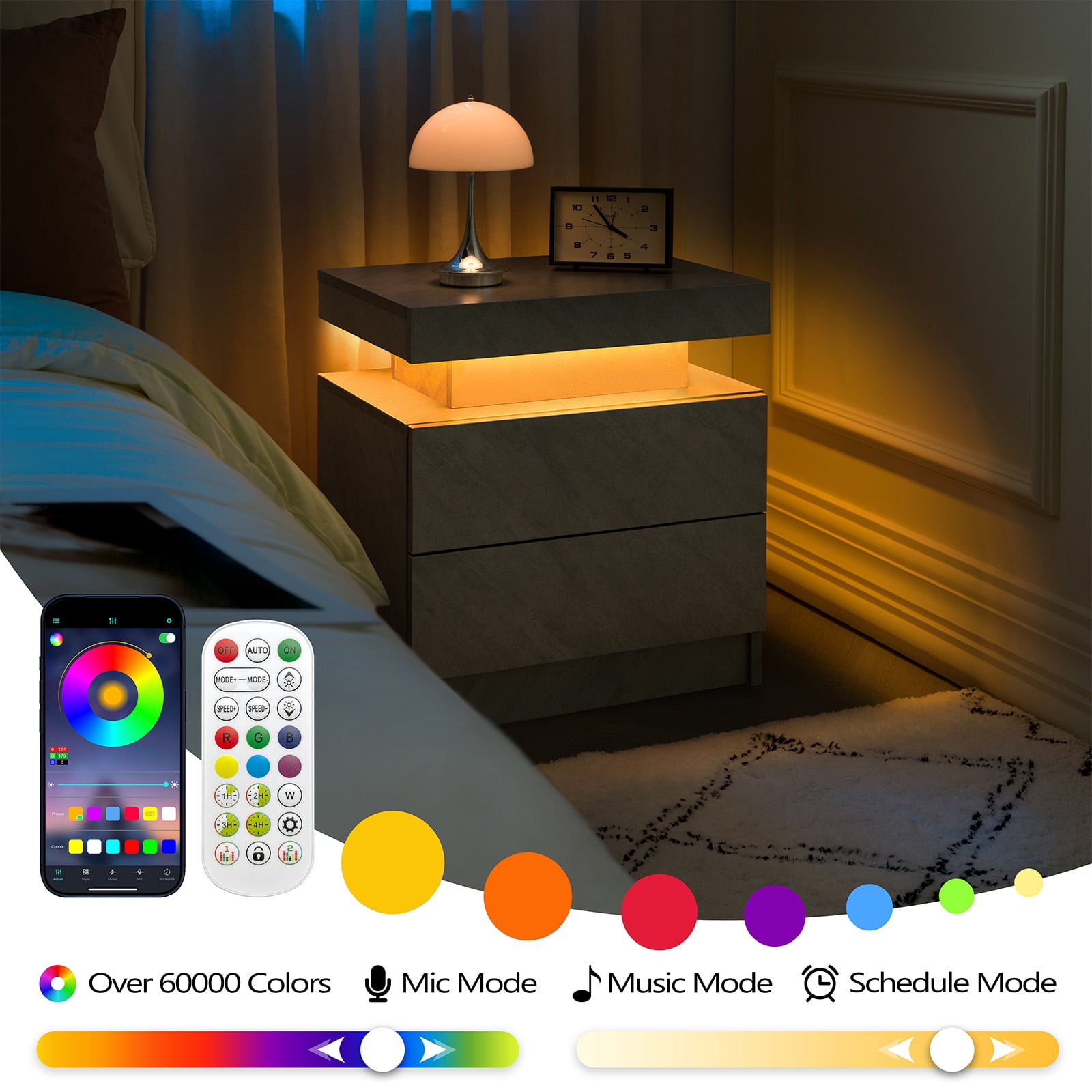 Nightstand LED Bedside Table Cabinet Lights Modern End Side with 2 Drawers for Bedroom (Deep Gray)