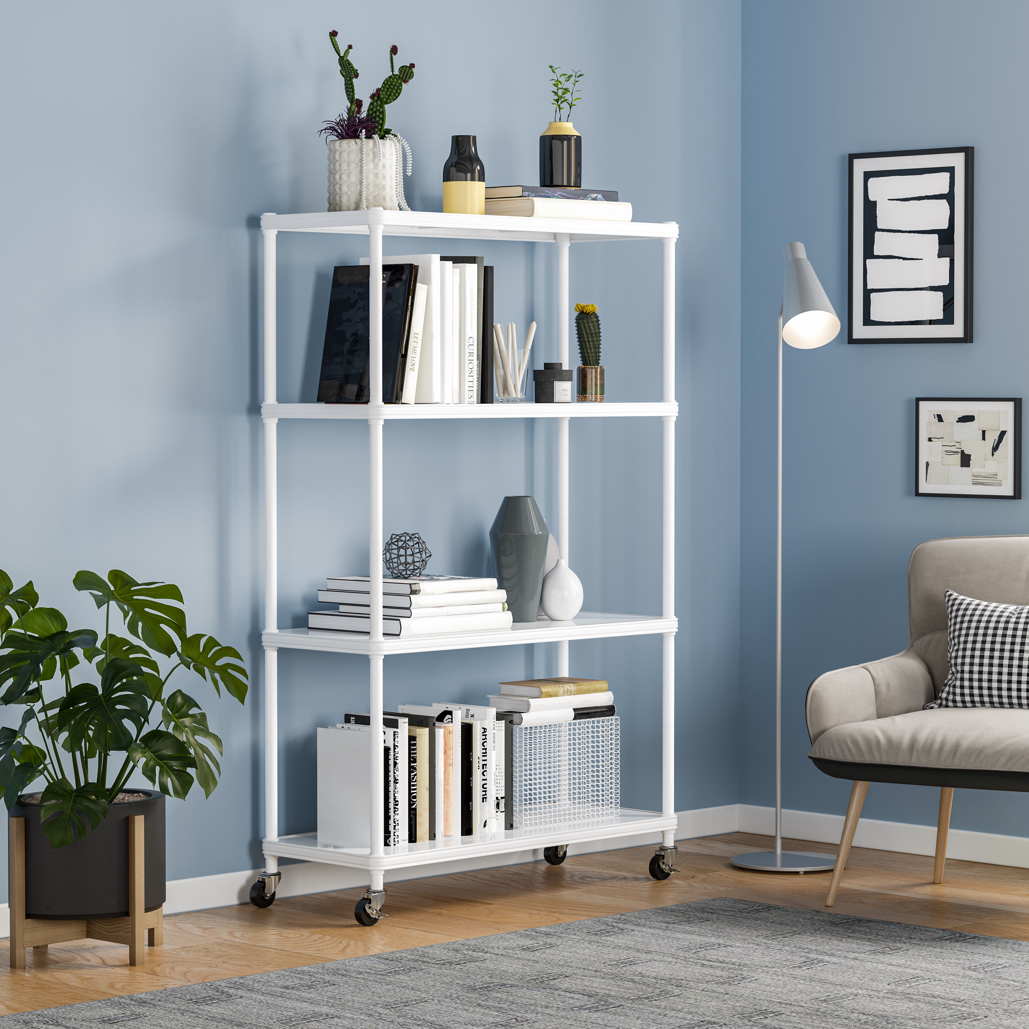 Seville Classics HOME 4-Tier Steel Wire Shelving with Wheels, 36" W x 14" D x 56.5" H, White