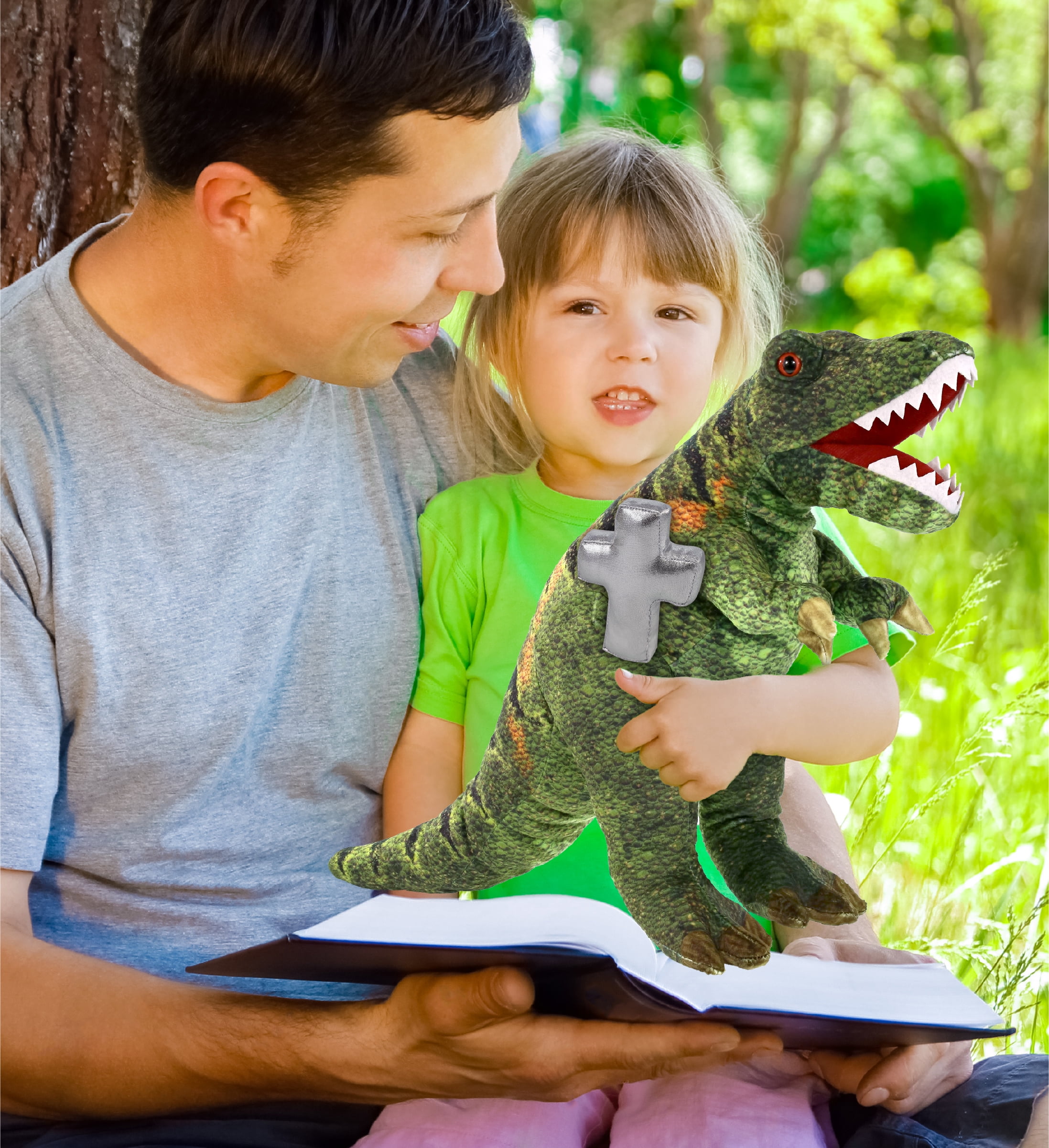 DolliBu Wild Collection T-Rex Dinosaur Stuffed Animal with Silver Cross Plush - Baptism Gifts for Boys and Girls, Dedication Christening Gifts Plush Prayer Toy Healing Stuffed Animal - 16 Inches
