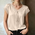 thumbnail image 3 of TGSLY Lace Trim Satin Tops for Women Smooth Soft V Neck Bow Tie Front Shirts Loose Dressy Casual Solid Color Cap Sleeve Blouses XL, 3 of 7