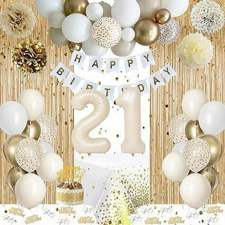 21st Birthday Decoration for Girl Women Boho Sand White Balloon 21st Birthday Party Decorations Happy Birthday Banner Decorations Number 21