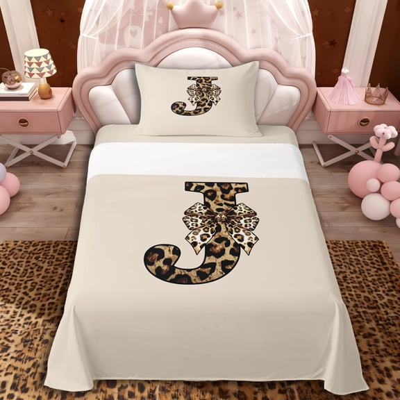 Erosebridal Vintage Leopard Print Bow Tie Twin Sheet Sets 3pcs For Girls Boys,Adults Personalized Initial J Bedding