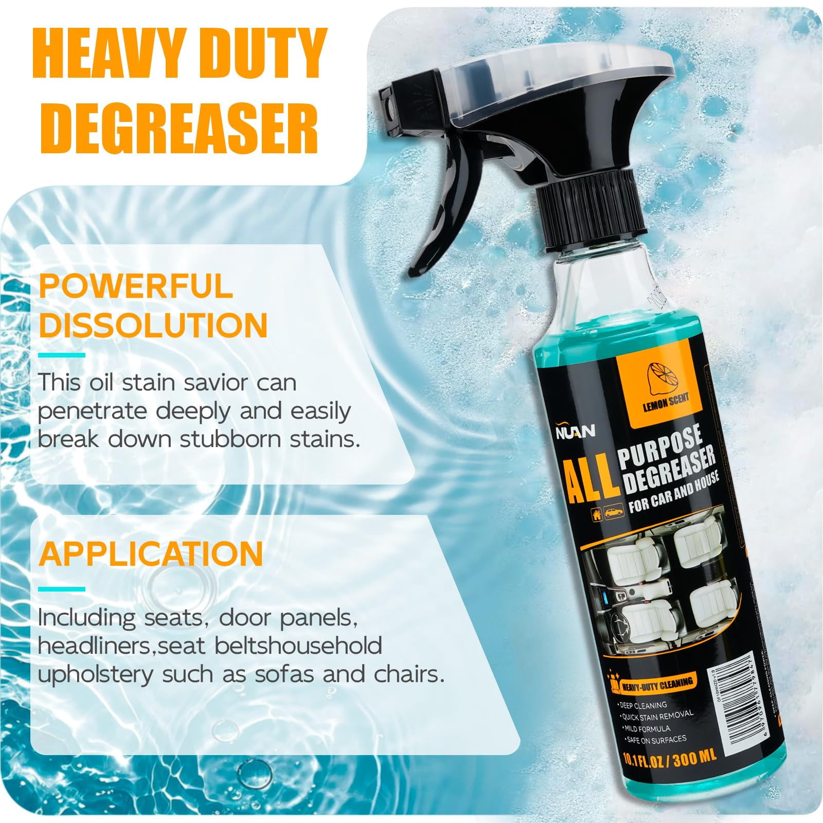 NUAN All Purpose Degreaser for Car and House, Lemon Scent, Heavy-Duty Cleaning Spray, Quick Stain Removal, 10.1 fl oz/300 ML
