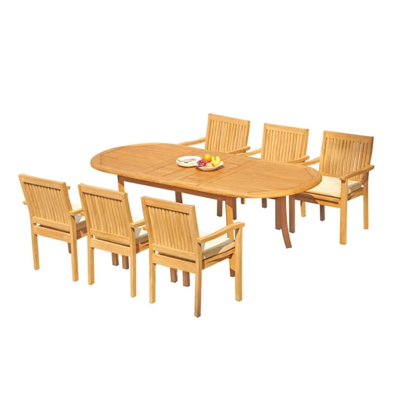 Grade-A Teak Dining Set: 6 Seater 7 Pc: 94" Oval Table And 6 Leveb Stacking Arm Chairs Outdoor Patio WholesaleTeak #51LV2207