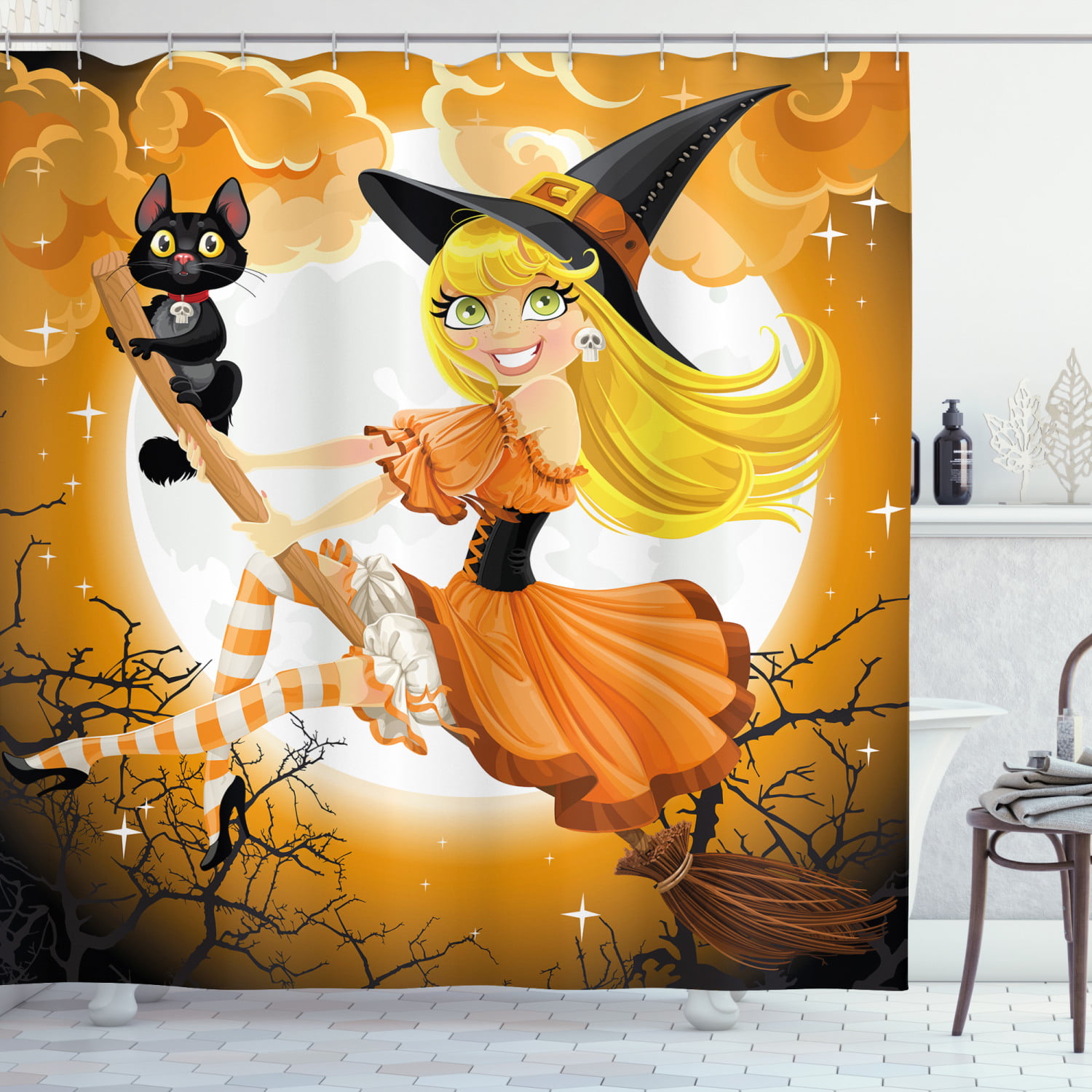 Halloween Night Witch Castle Cartoon Waterproof Fabric Shower Curtain Set 72" 