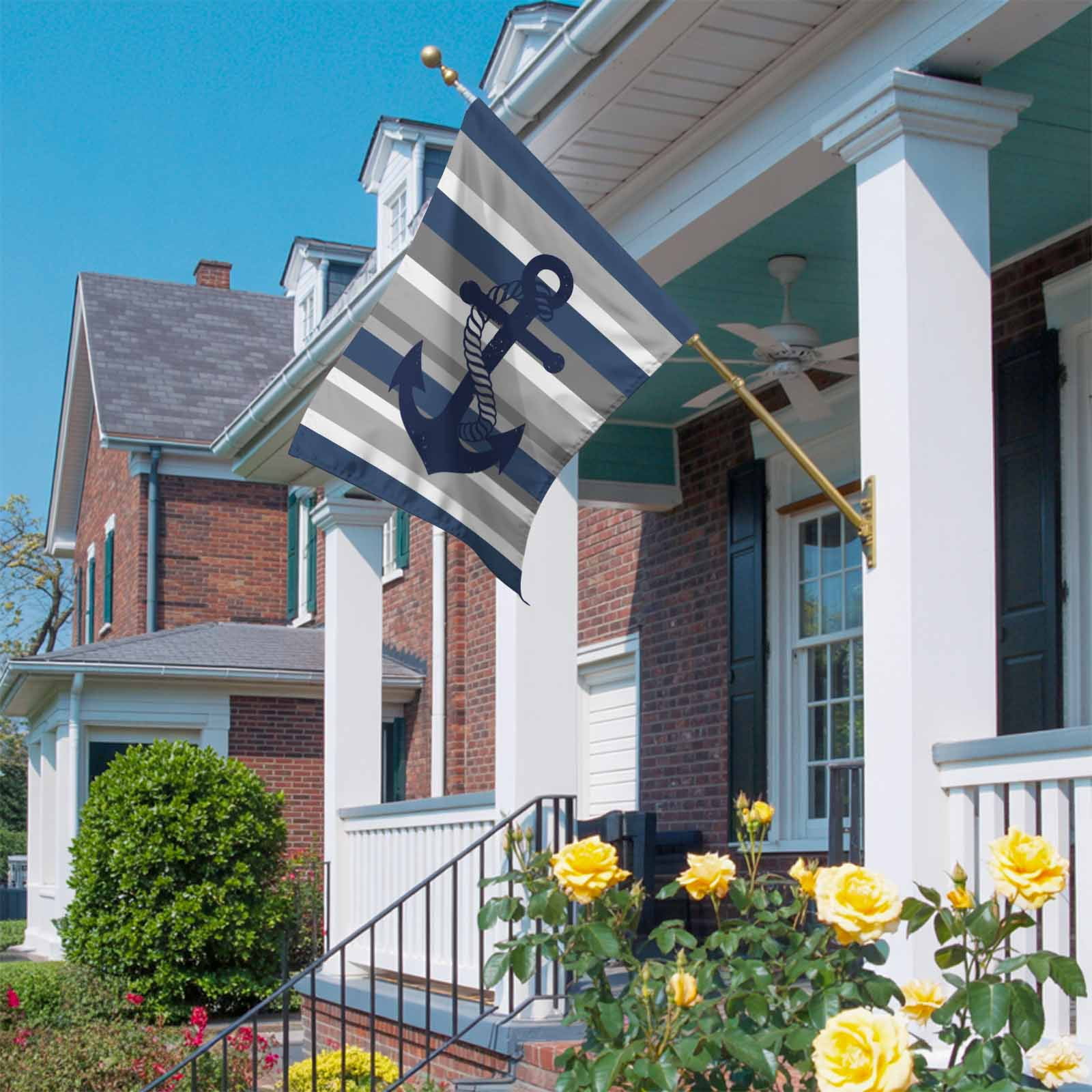 Nautical Anchor House Flag 28 x 40 Inches, Navy Blue Grey Stripe Modern Simplistic Striped Weather Proof Outdoor Patio Flags Double Sided Small House Decoration for Yard Lawn Outside Home