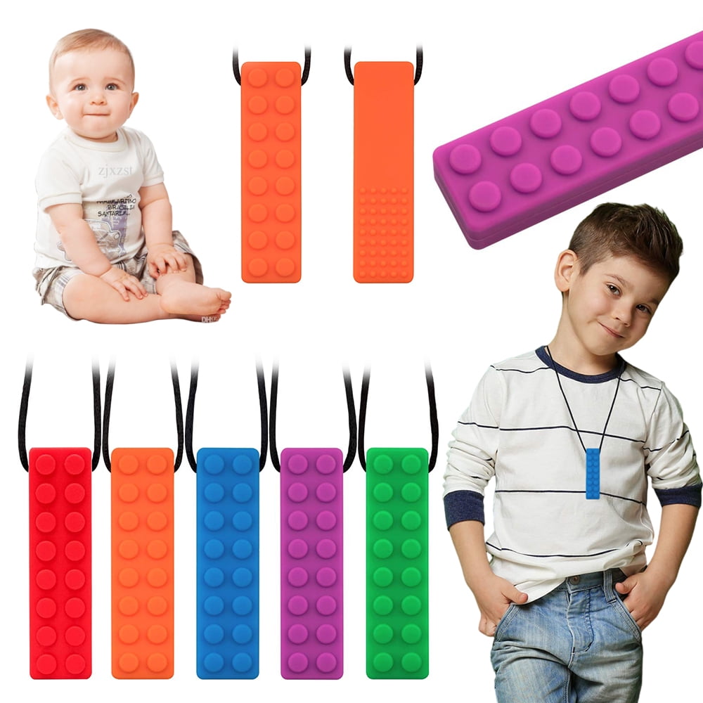5Pcs Silicone Building Teeth Sensory Chewing Pendant Autistic Teether Necklace