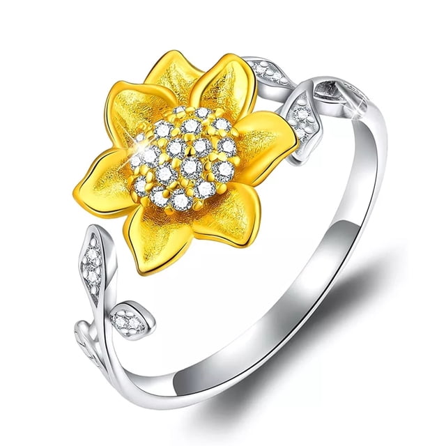 Anillo ajustable con forma de girasol de plata 925 para mujer