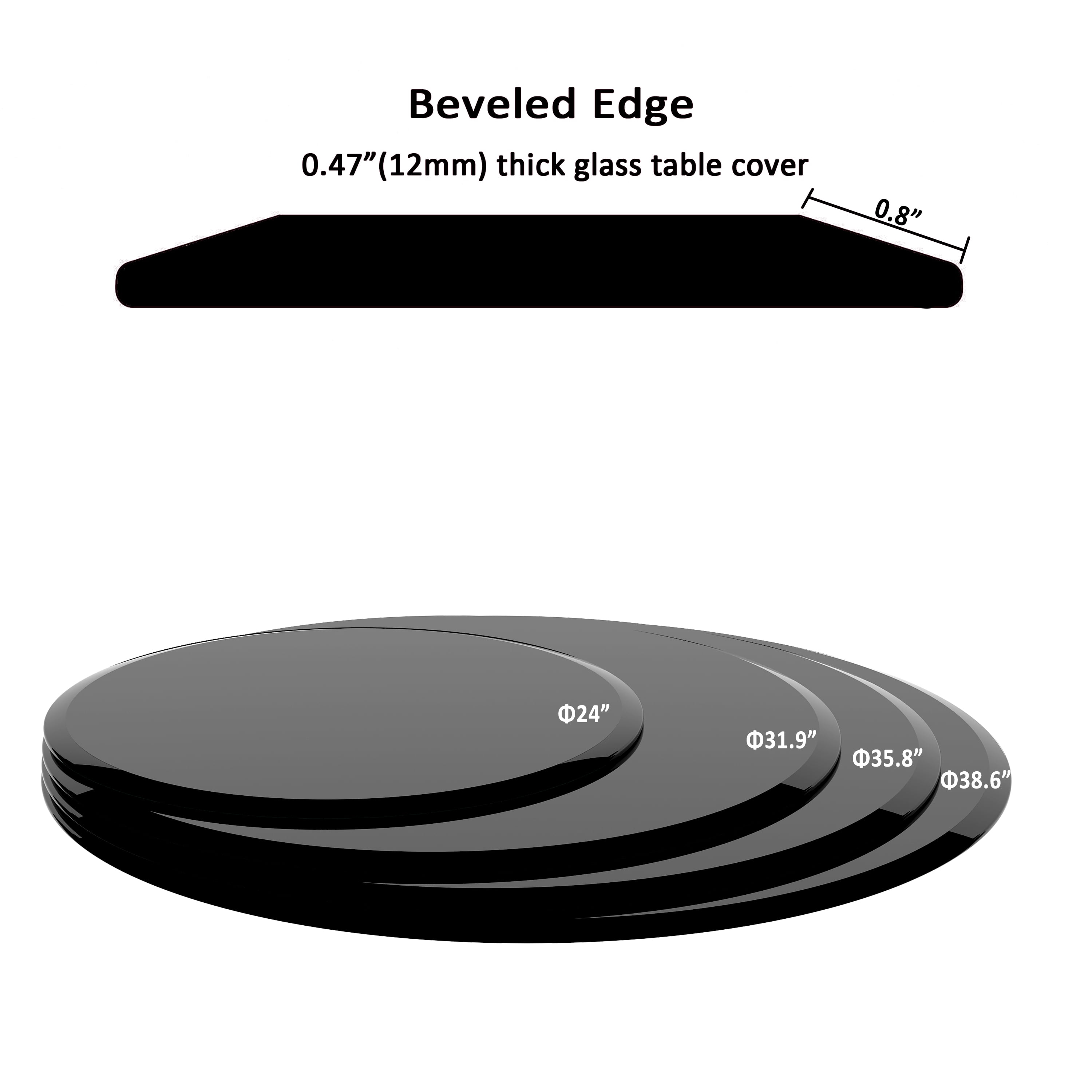 MAYEERTY 24" Round Tempered Glass Table Top, 1/2" Thick Beveled Polished Edge, Black