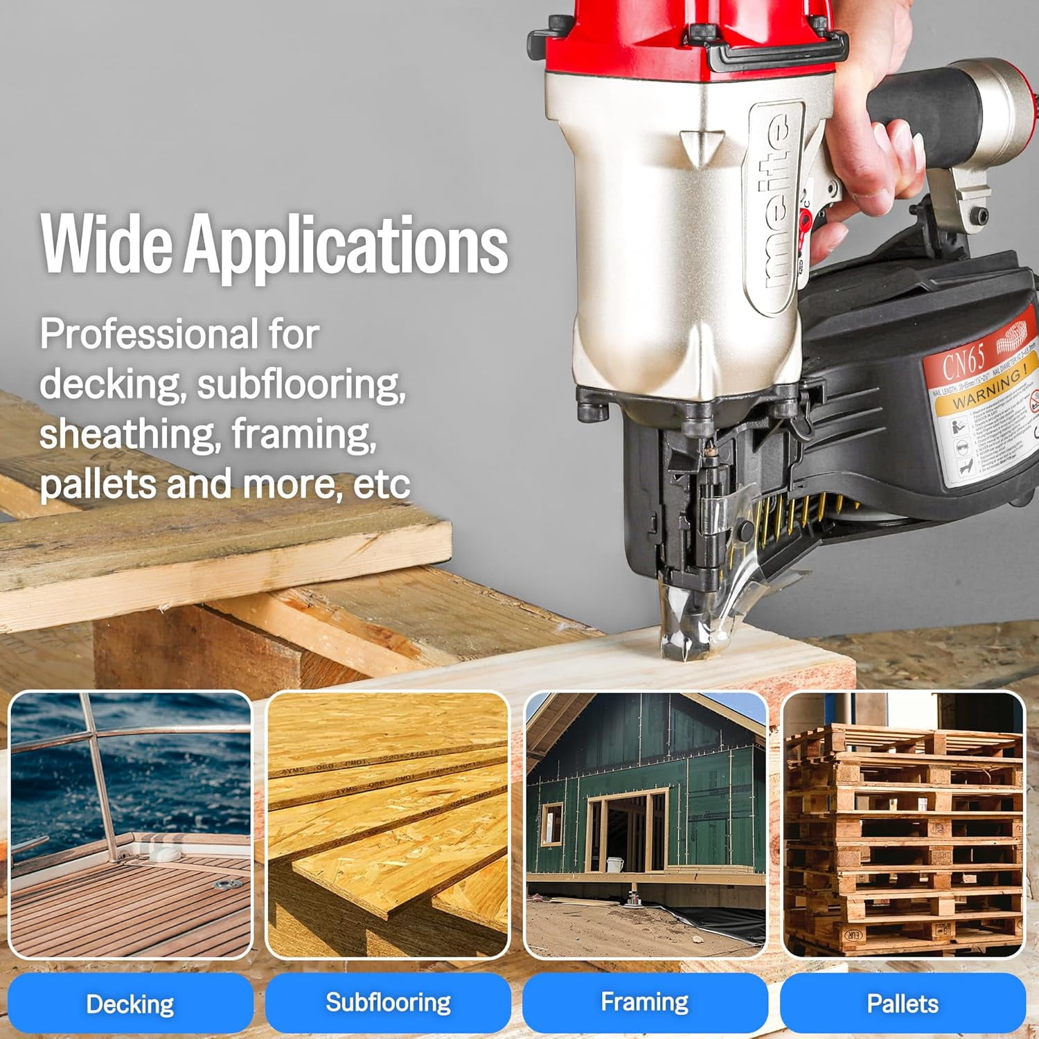meite Pneumatic Coil Decking Nailer CN65, Drives 15 Degree 1-1/2" to 2-1/2" Length Coil Nails for Siding, Sheathing, Fencing, Roofing