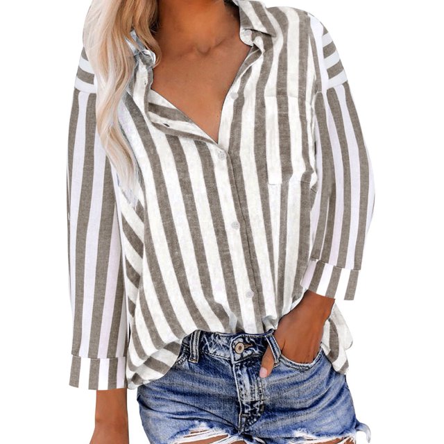 vdgthytj Hauts en Coton et Lin pour Femmes Chemises Décontractées à Manches Longues à Boutons Col Rabattu Automne Grande Taille Imprimé Rayures Blouses