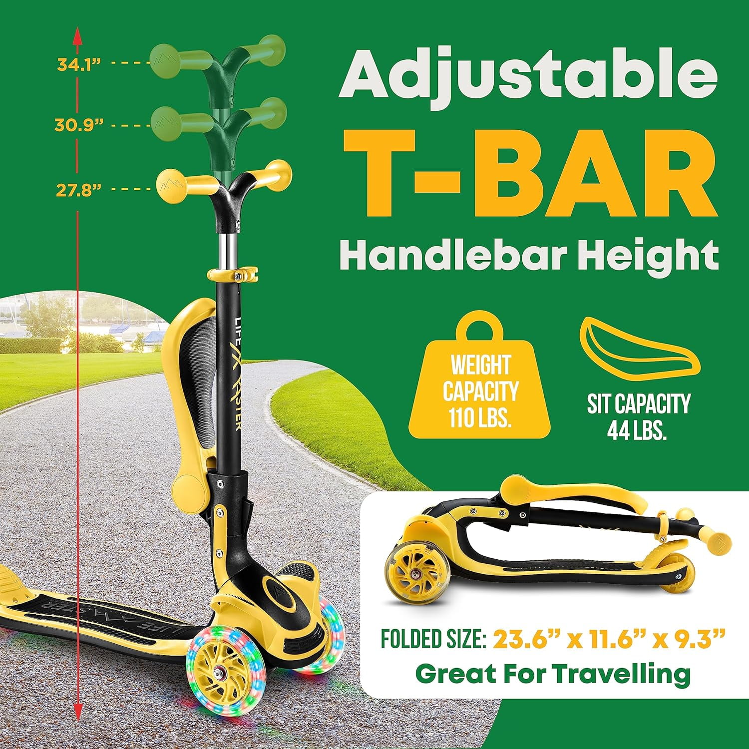Kids Scooter – Foldable Seat – LED Wheel Lights Illuminate When Rolling – Children and Toddler 3 Wheel Kick Scooter – Adjustable Handlebar – Indoor and Outdoor- Yellow - by Lifemaster