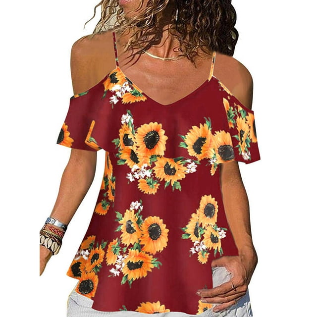 DYMADE Femmes Imprimé Tournesol Spaghetti Sangle Épaule Froide Top Chemise