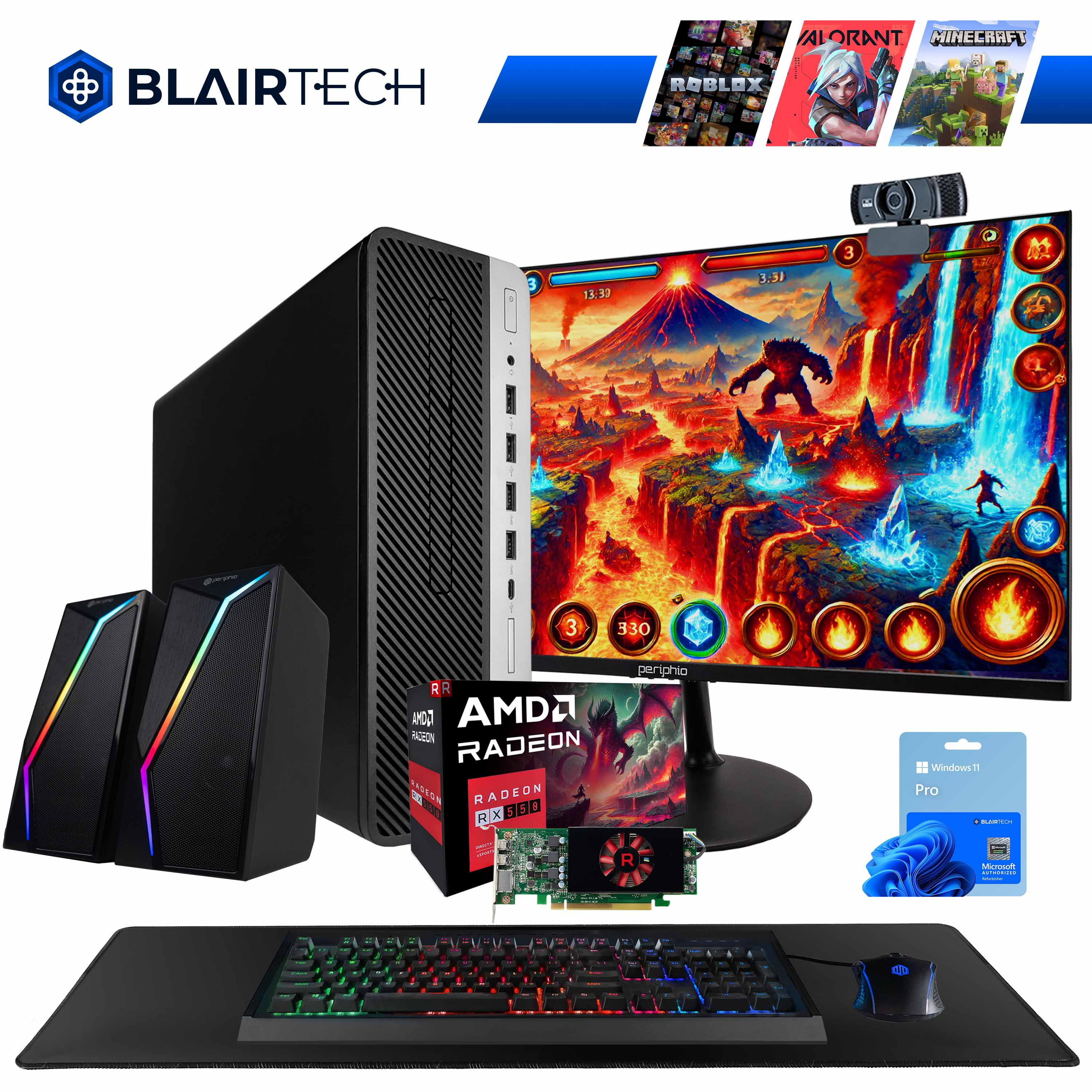 Restored Blair Tech 600G4 PC Gaming or Streaming Computer Bundle - 24" Periphio Gaming Monitor - Periphio RGB Keyboard, Speakers, Webcam, & Mouse (Refurbished)