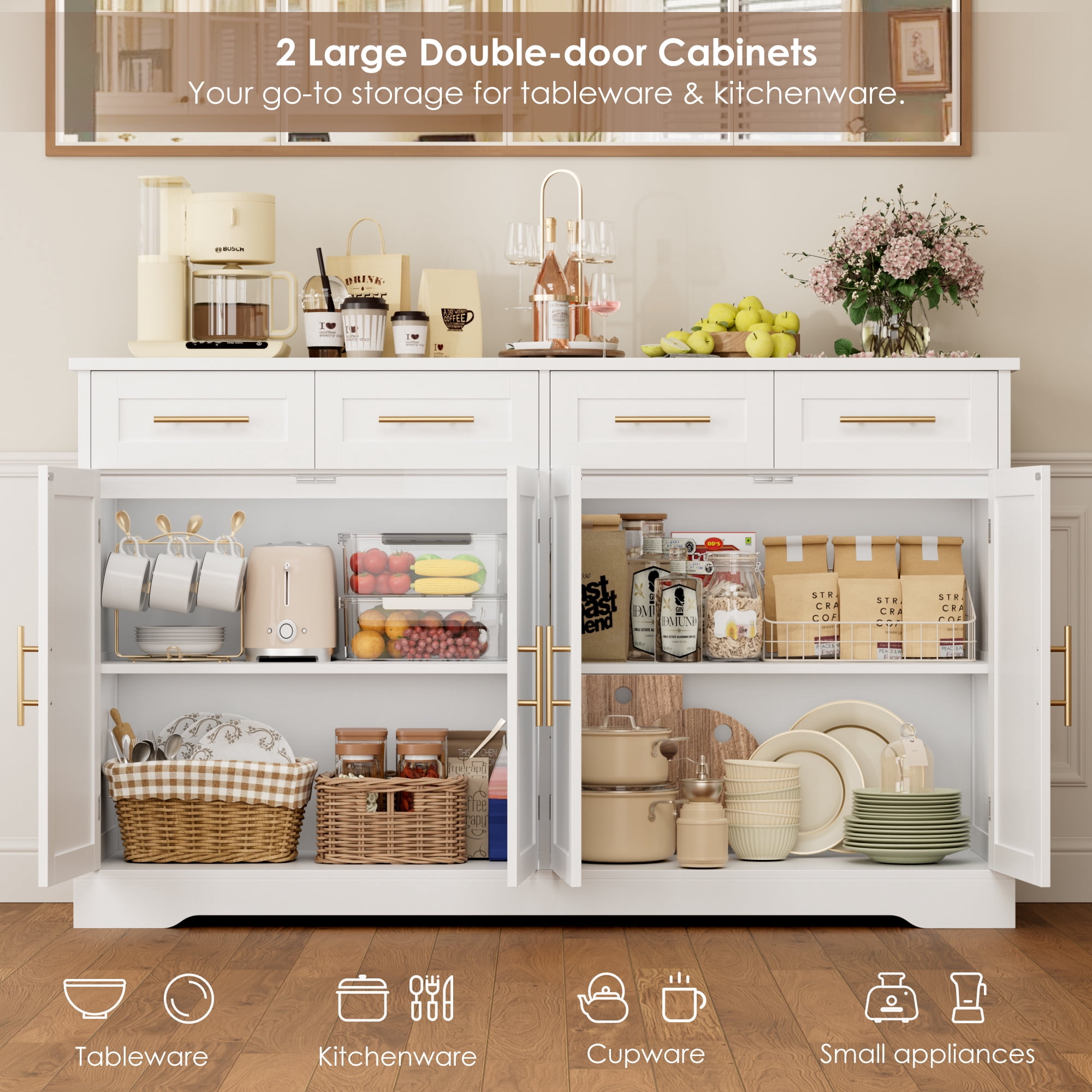 Homfa Modern Buffet Cabinet with 4 Drawers and 4 Doors, 59" W Sideboard Buffet Storage Cabinet with Shelves, for Kitchen Living Room Bedroom, White