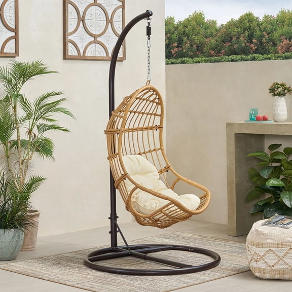Christopher Knight Home Outdoor Wicker Hanging Basket Chair with Beige Cushions, Iron Stand, Brown