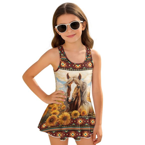 Uourmeti Girls' One Piece Skirted Swimsuit - Horse & Sunflower Print | Quick Dry, Stretchy Swim Dress for Beach, Pool & Summer Vacations