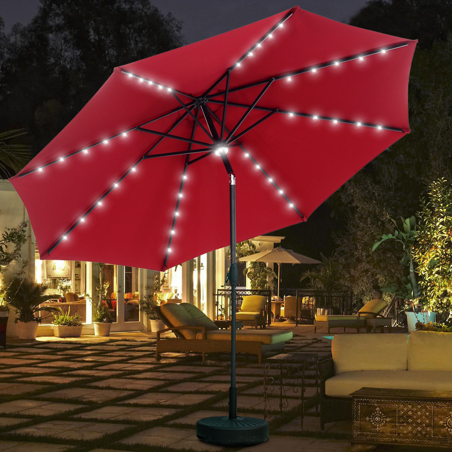 Autlaycil 10ft Patio Umbrella with Solar Lights with Base, 8 Ribs