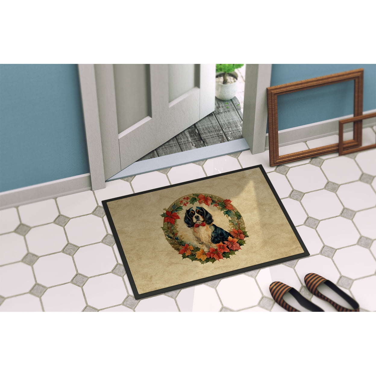 Carolines Treasures DAC2338MAT 18 x 27 in. Unisex Cavalier Spaniel Christmas Flowers Doormat