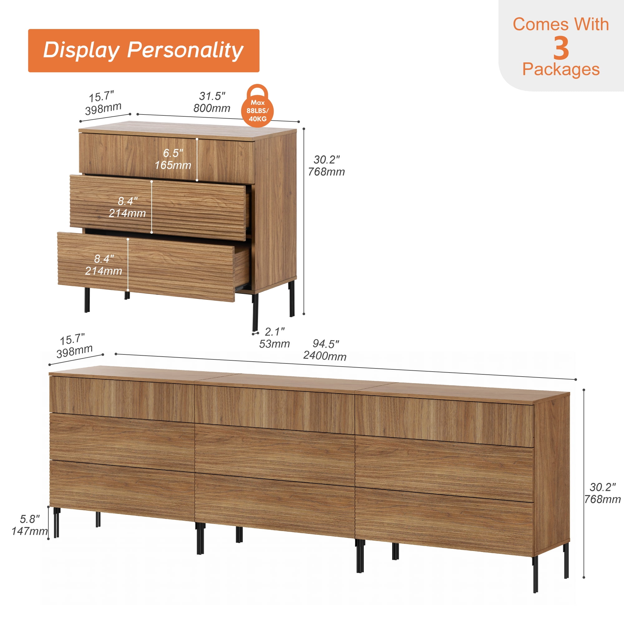 94.5" Wood Accent Chest Set with Drawers, Modern Credenza Storage Cabinet with Reeded Design for Living Room, Kitchen, Dining Room, Hallway