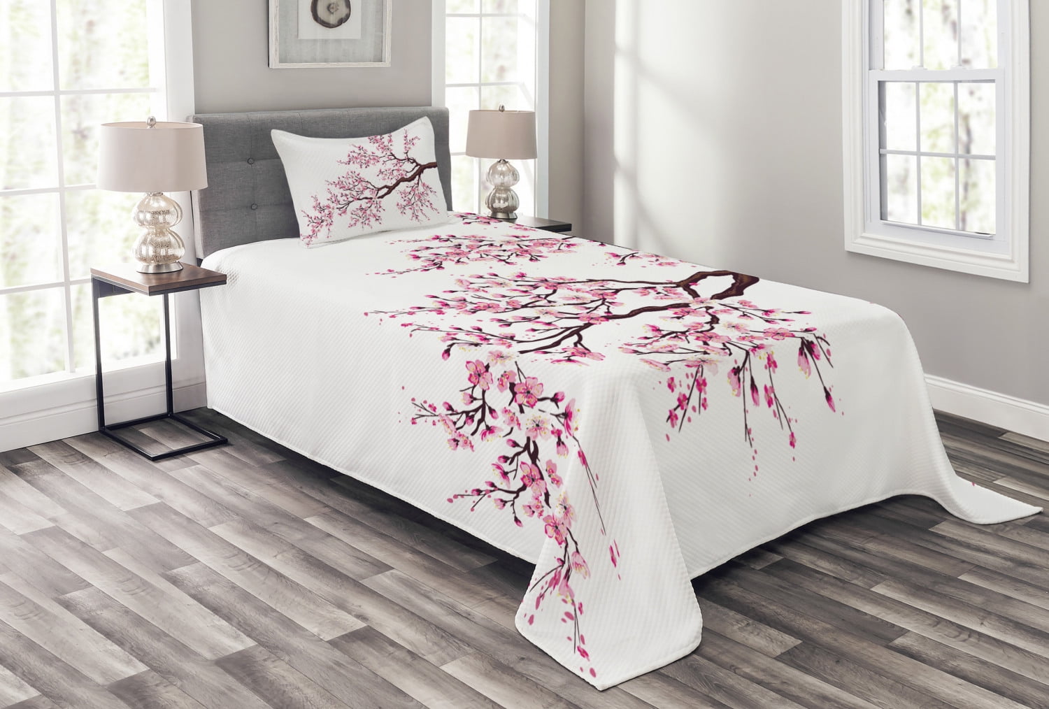 Japanese Quilted Bedspread & Pillow Shams Set Sakura Branch Blossoms Print 