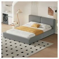 Queen Size Upholstered Platform Bed with Fabric, Grounded Bed with Solid Frame, Gray