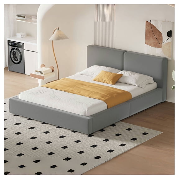 Queen Size Upholstered Platform Bed with Fabric, Grounded Bed with Solid Frame, Gray