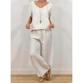 thumbnail image 5 of Fmbrln Womens Plus Size Linen 2 Piece Sets Summer Casual V Neck Short Sleeve Tops and Drawstring Elastic Waist Wide Leg Pants Sets Lounge Outfits Beige M, 5 of 5