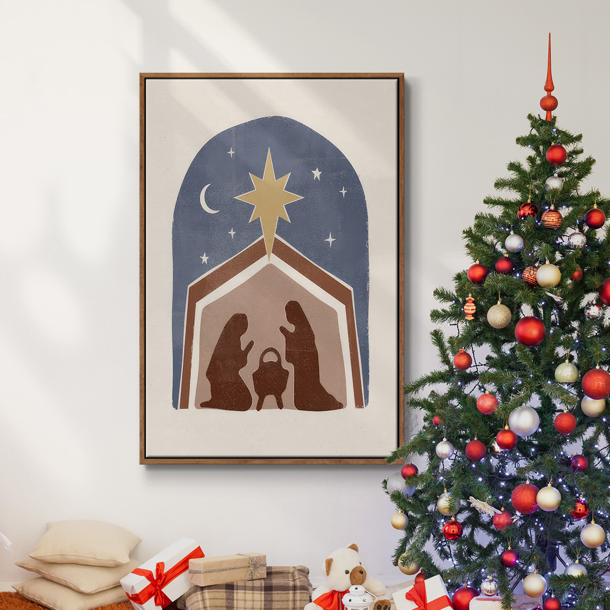 Boho Nativity I - Framed Gallery Wrapped Holiday Canvas - 25 x 37 - Rosewood Frame