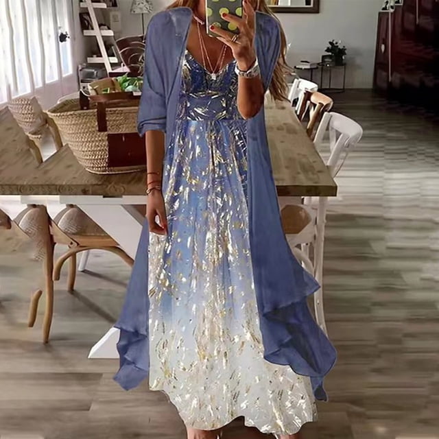 SMihono Été Boho Maxi Robe pour les Femmes Grande Taille Femmes Décontractée en Vrac Imprimé Réservoir Robe de Plage V-Cou Poche Sans Manches Costume Robes Plage Swing Sundress