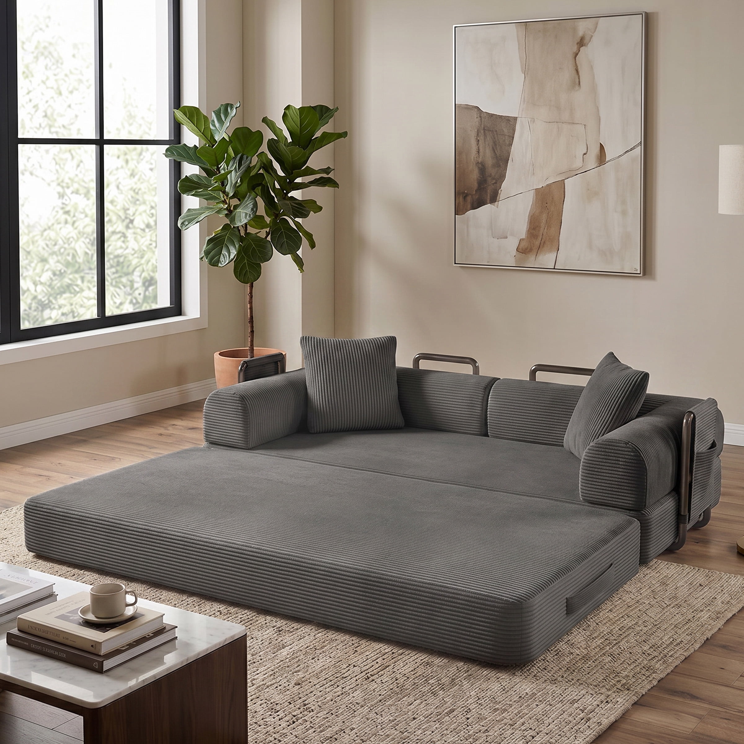 Modular Sectional Sofa Couch with Two Storage Bag, Plush Corduroy Upholstered Couch, Modern Sleeper Couches for Living Room, No Assembly Required, Gray