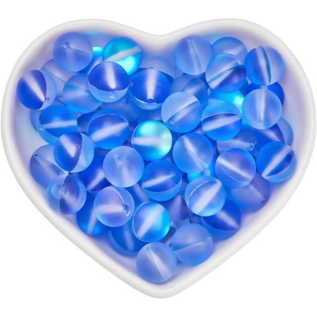 1 caja de 80 cuentas de vidrio mate de piedra lunar, cuentas de vidrio azul de 10 mm, cuentas de vidrio esmerilado azul redondas grandes, cuentas transparentes Aurora mate a granel
