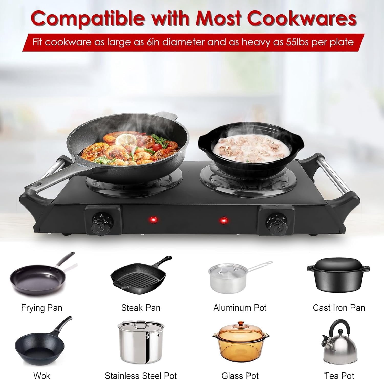 Spalivivre Hot Plate, 2000W Portable Electric Double Burner W/5 Level Temperature Control & Stay Cool Handles, Easy to Clean, Lightweight Cast Iron Electric Stove for Kitchen Camping Cooking, 110V